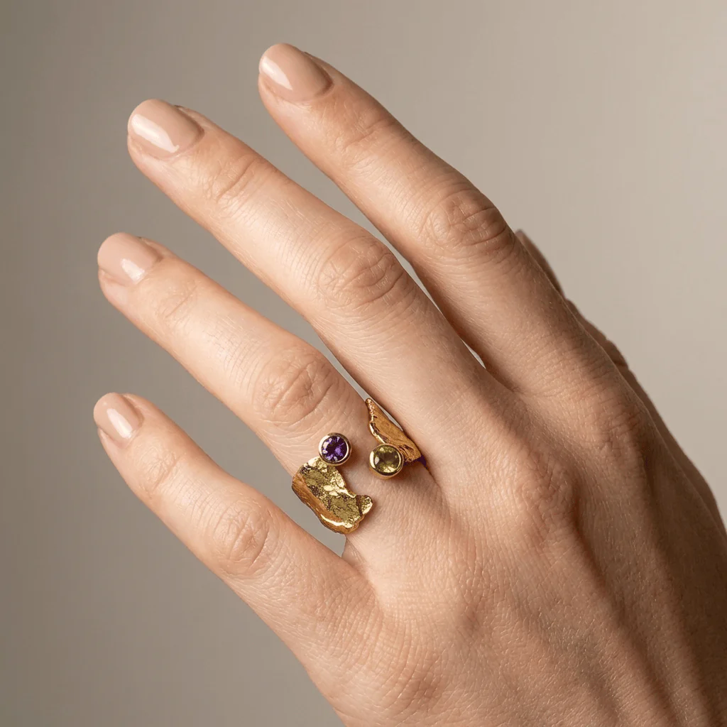 RUSTIC GOLD AMETHYST & PERIDOT RING - (ADJUSTABLE) - Image 2