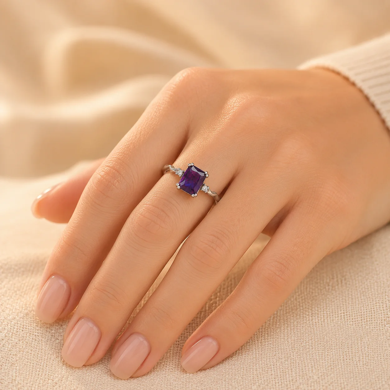 Silver Amethyst Emerald-Cut Ring - Image 2