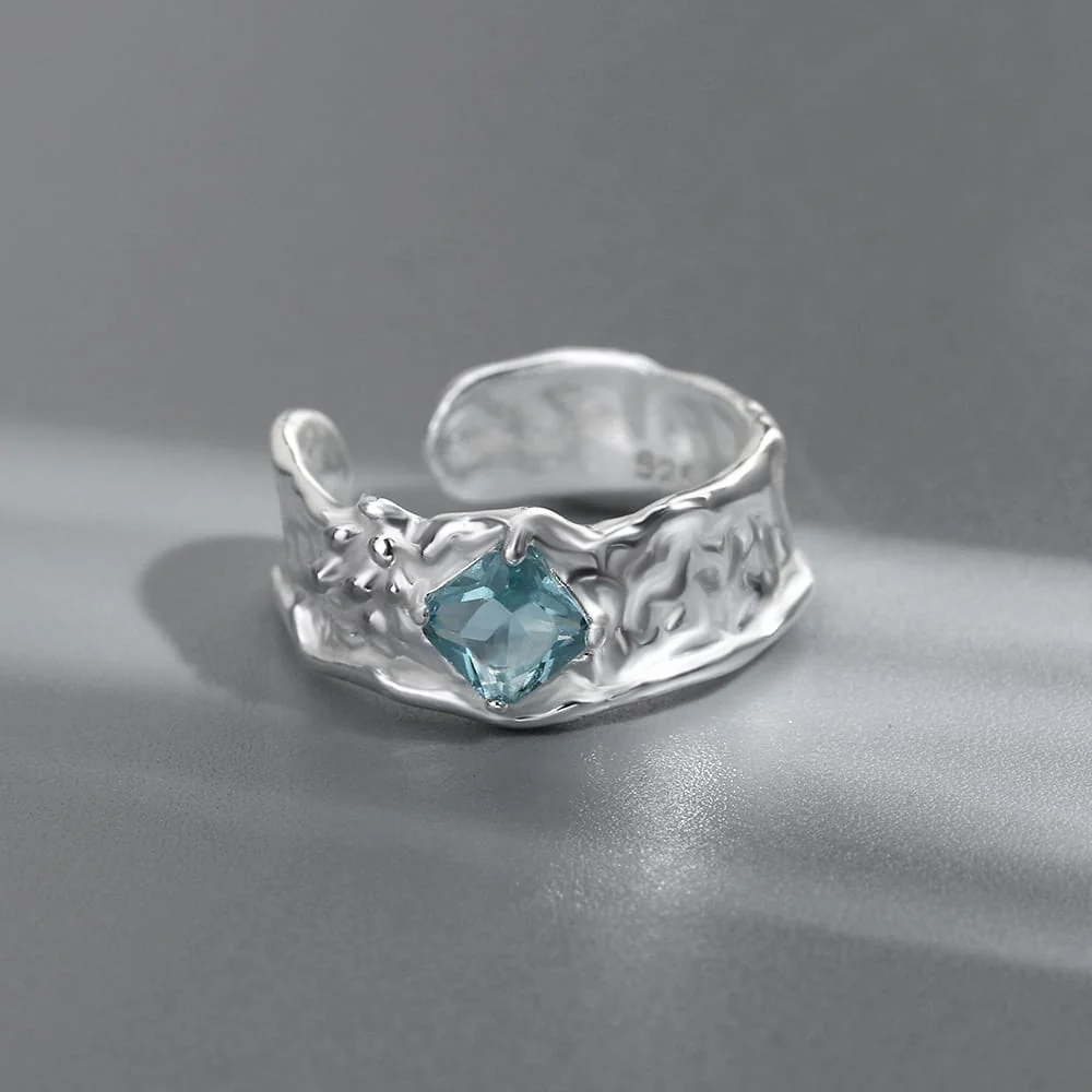 SILVER AQUAMARINE TEXTURED RING - (ADJUSTABLE) - Image 3