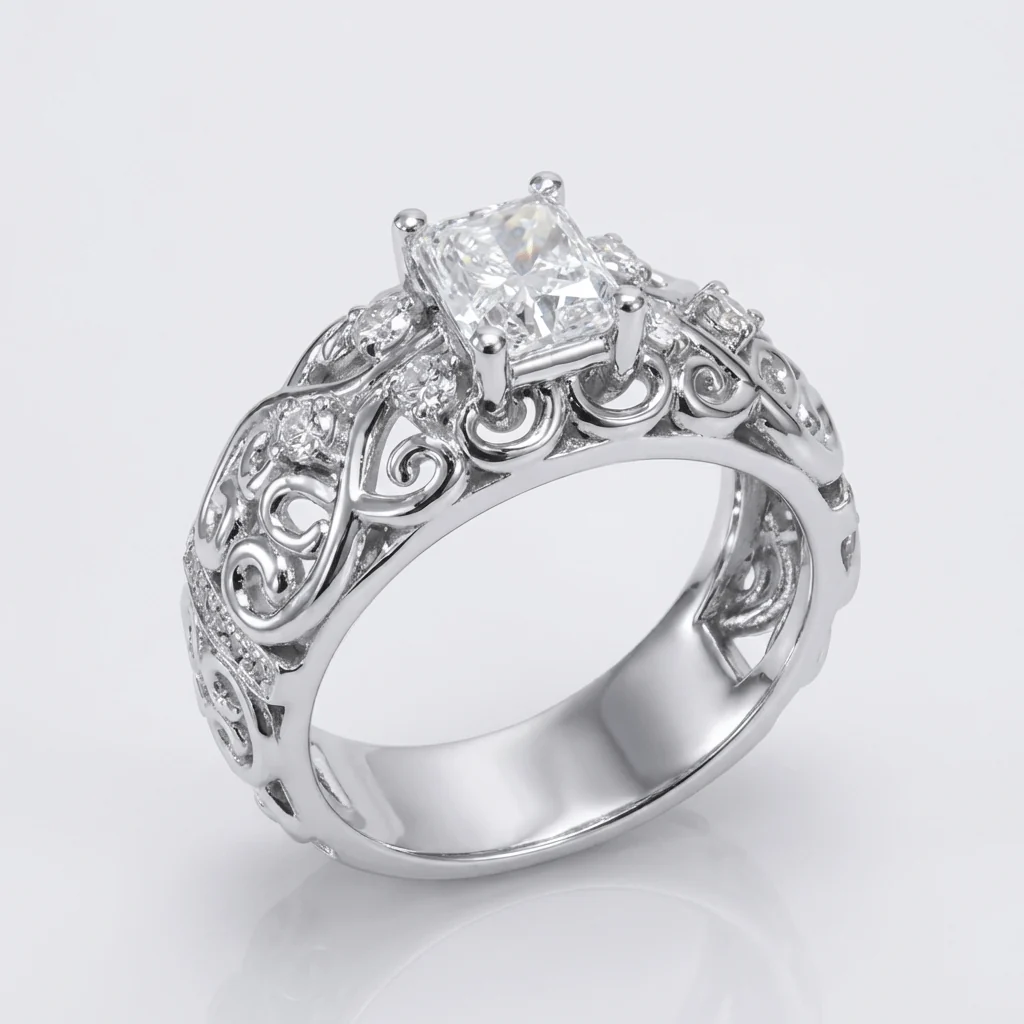 SILVER CUSHION DIAMOND CARVED RING