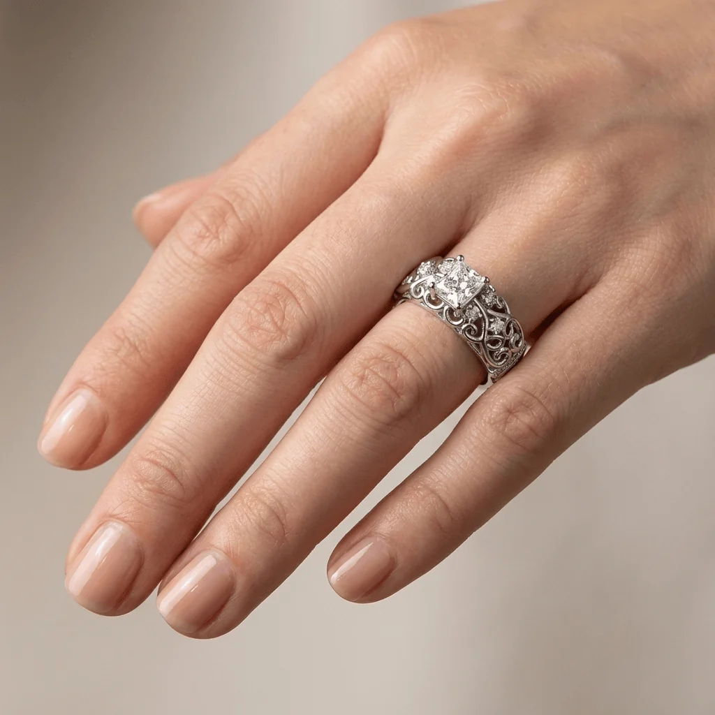 SILVER CUSHION DIAMOND CARVED RING - Image 2