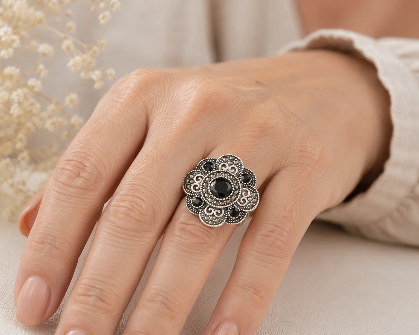 SILVER DIAMOND FLOWER BURST RING - Image 2