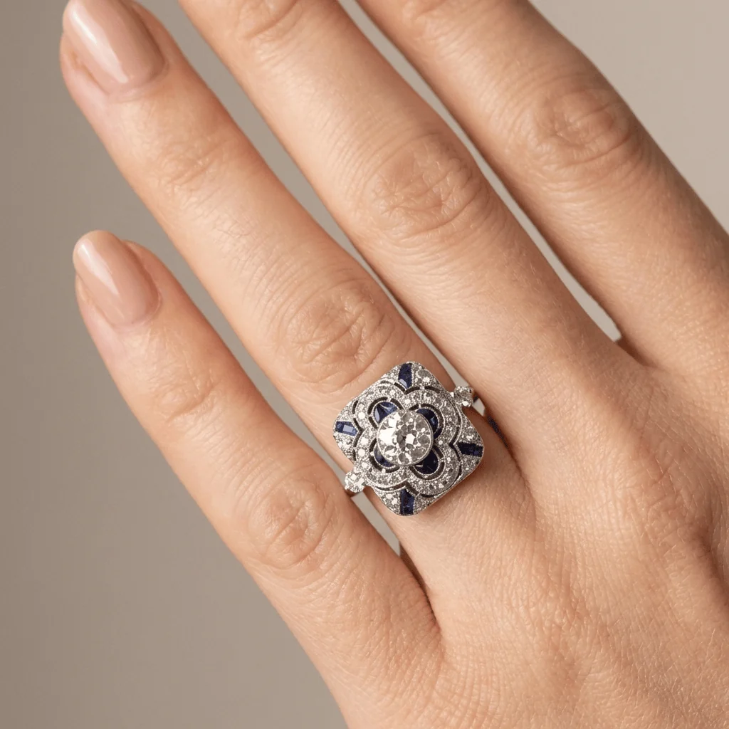 SILVER DIAMOND SAPPHIRE VINTAGE RING - Image 2