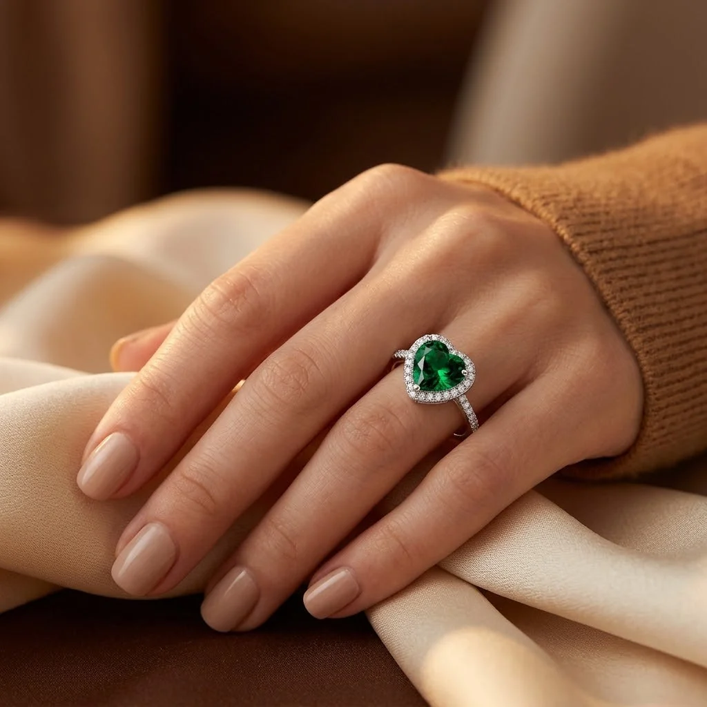 Silver Emerald Heart Halo Ring - Image 2