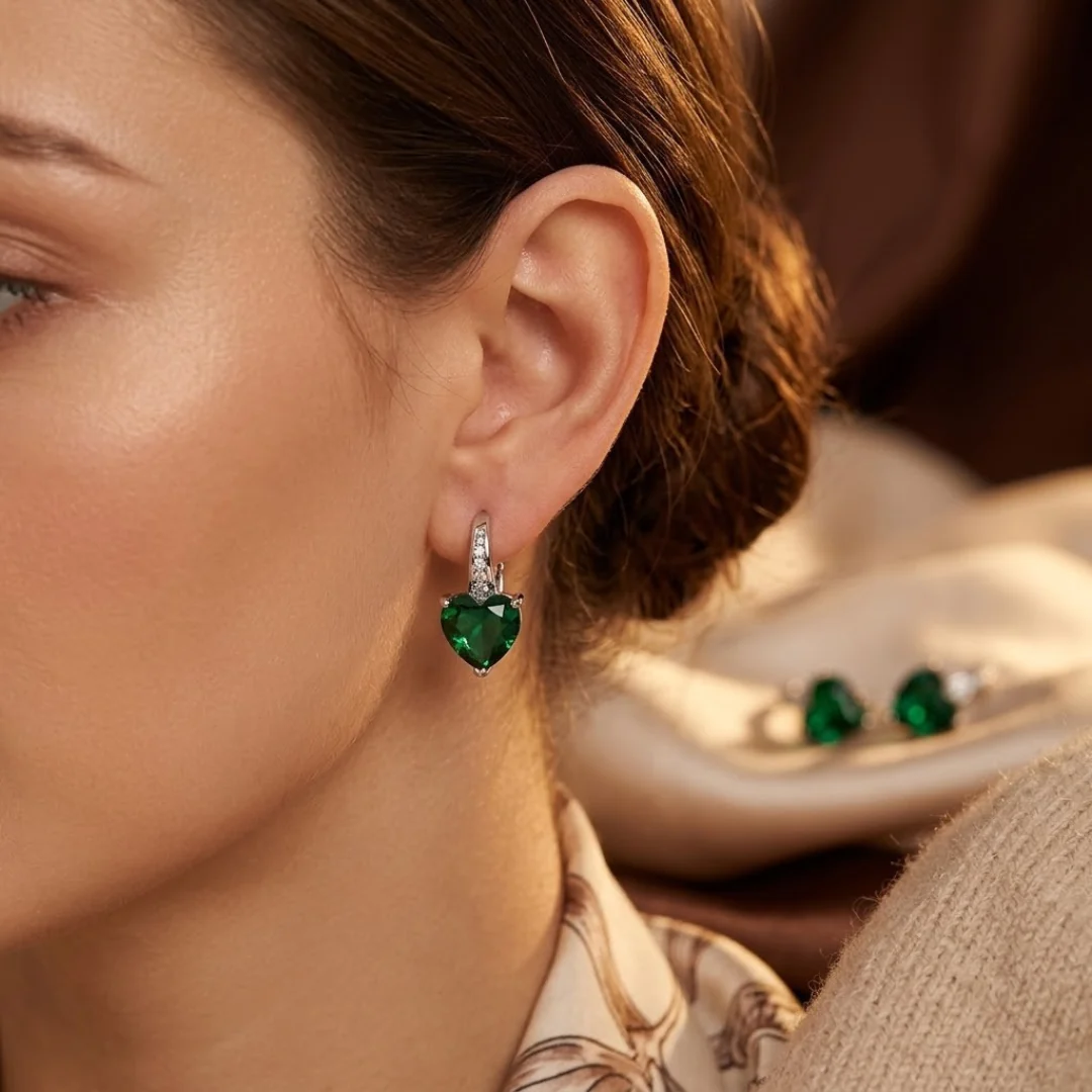 Silver Emerald Heart Hoop Earrings - Image 2