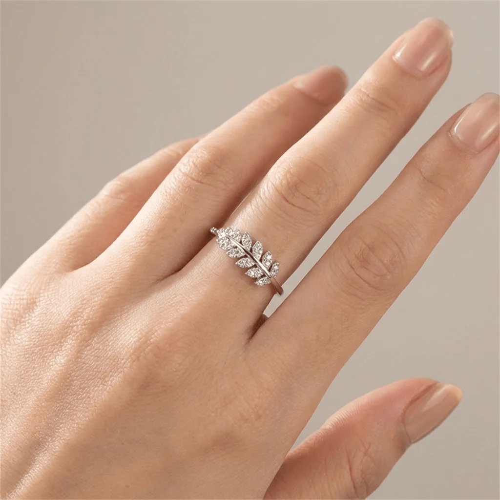SILVER FEATHER ZIRCONIA RING - (ADJUSTABLE) - Image 2