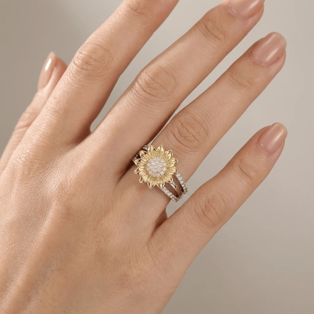 SILVER GOLD SUNFLOWER DIAMOND RING - Image 2