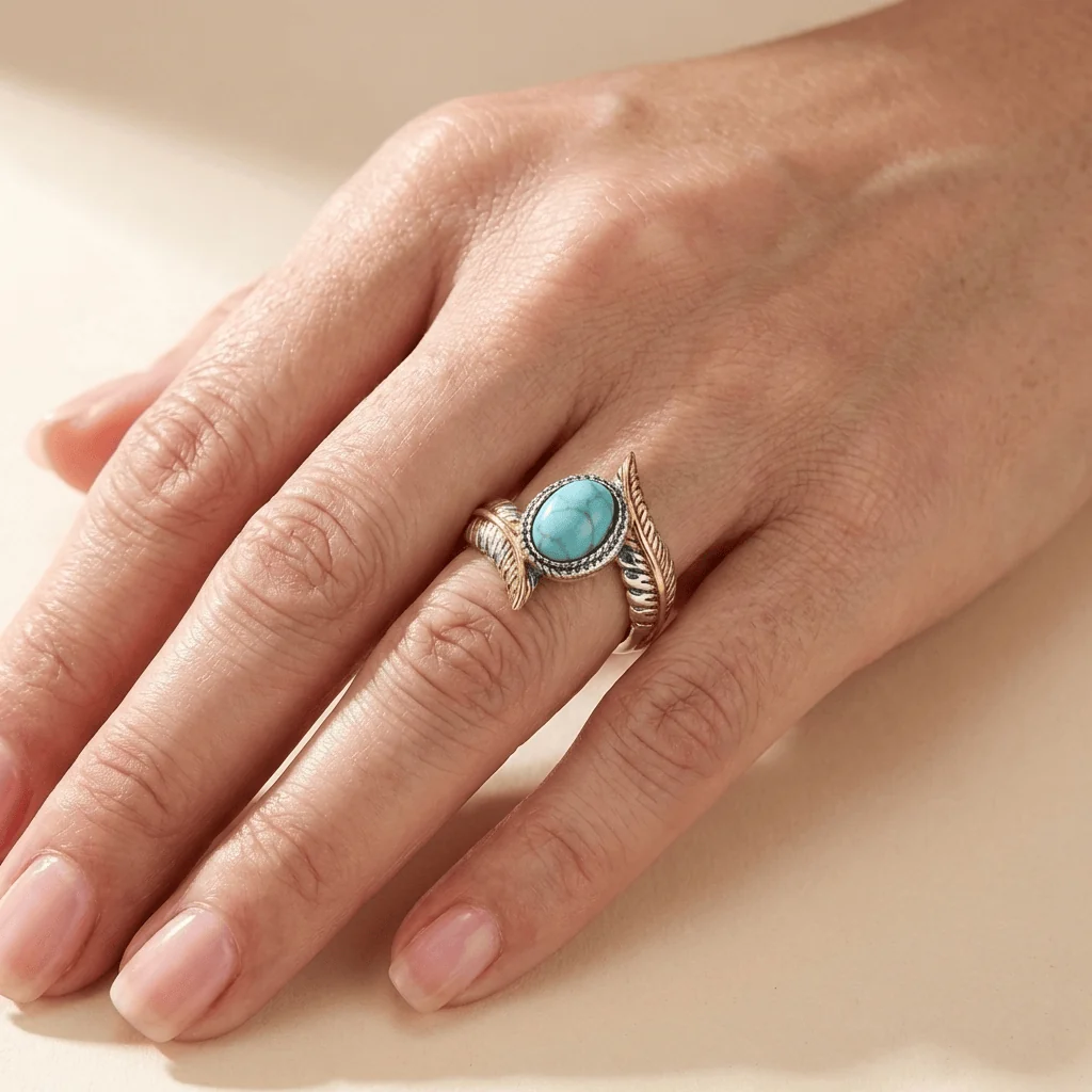 SILVER GOLD TURQUOISE BOHEMIAN RING - Image 2