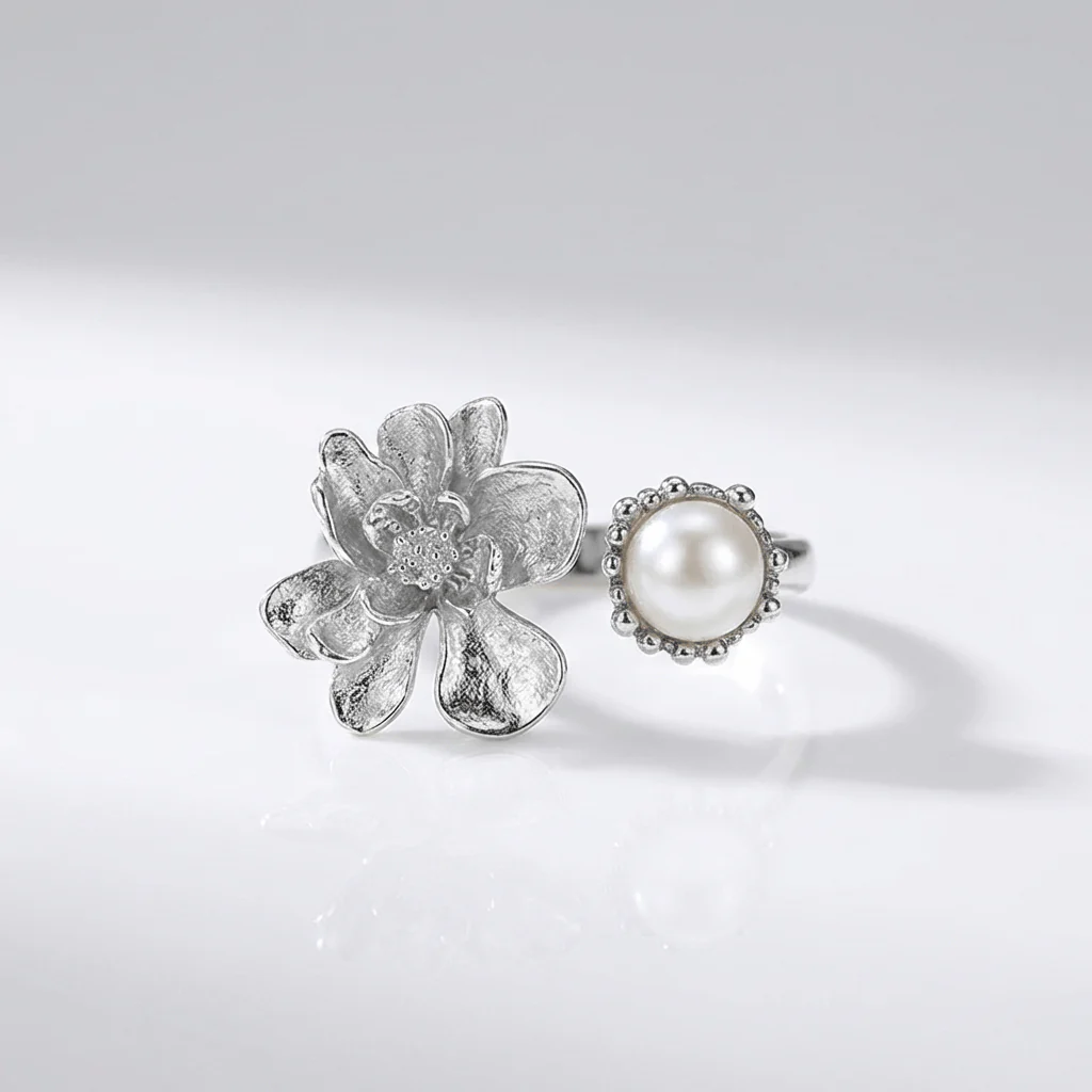 SILVER PEARL BEADED RING