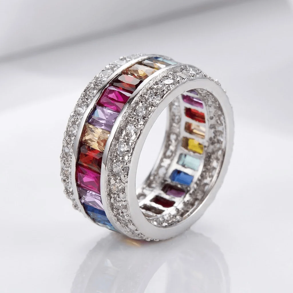 SILVER RAINBOW GEMSTONE BAND RING