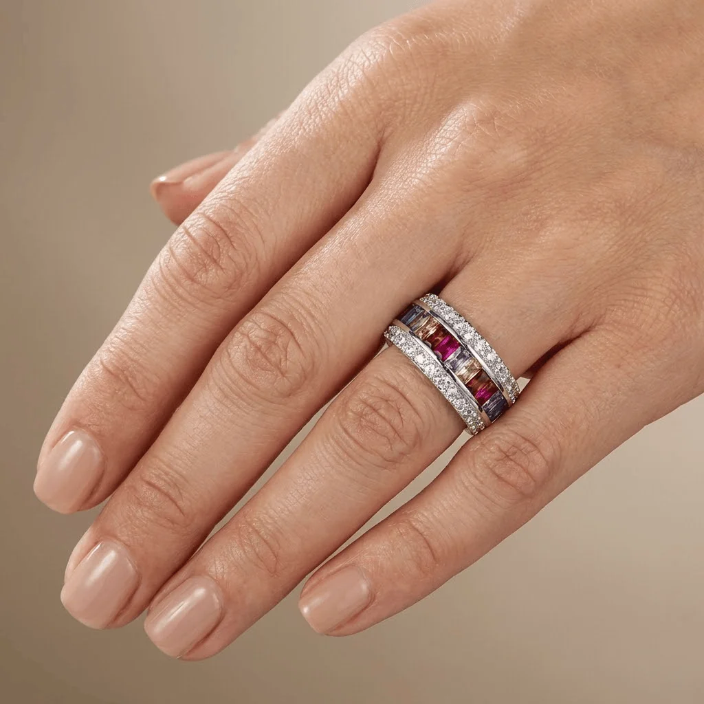 SILVER RAINBOW GEMSTONE BAND RING - Image 2
