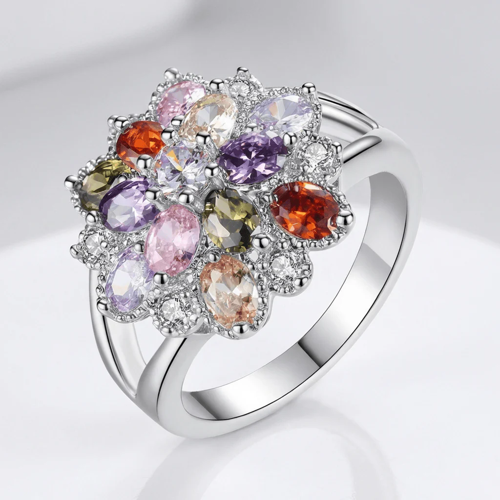 SILVER RAINBOW GEMSTONE BURST RING
