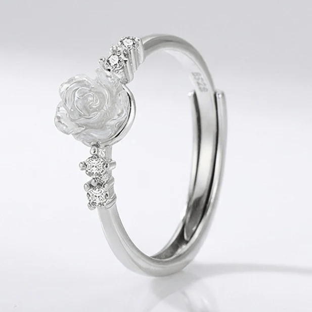 SILVER ROSE DIAMOND RING - (ADJUSTABLE)