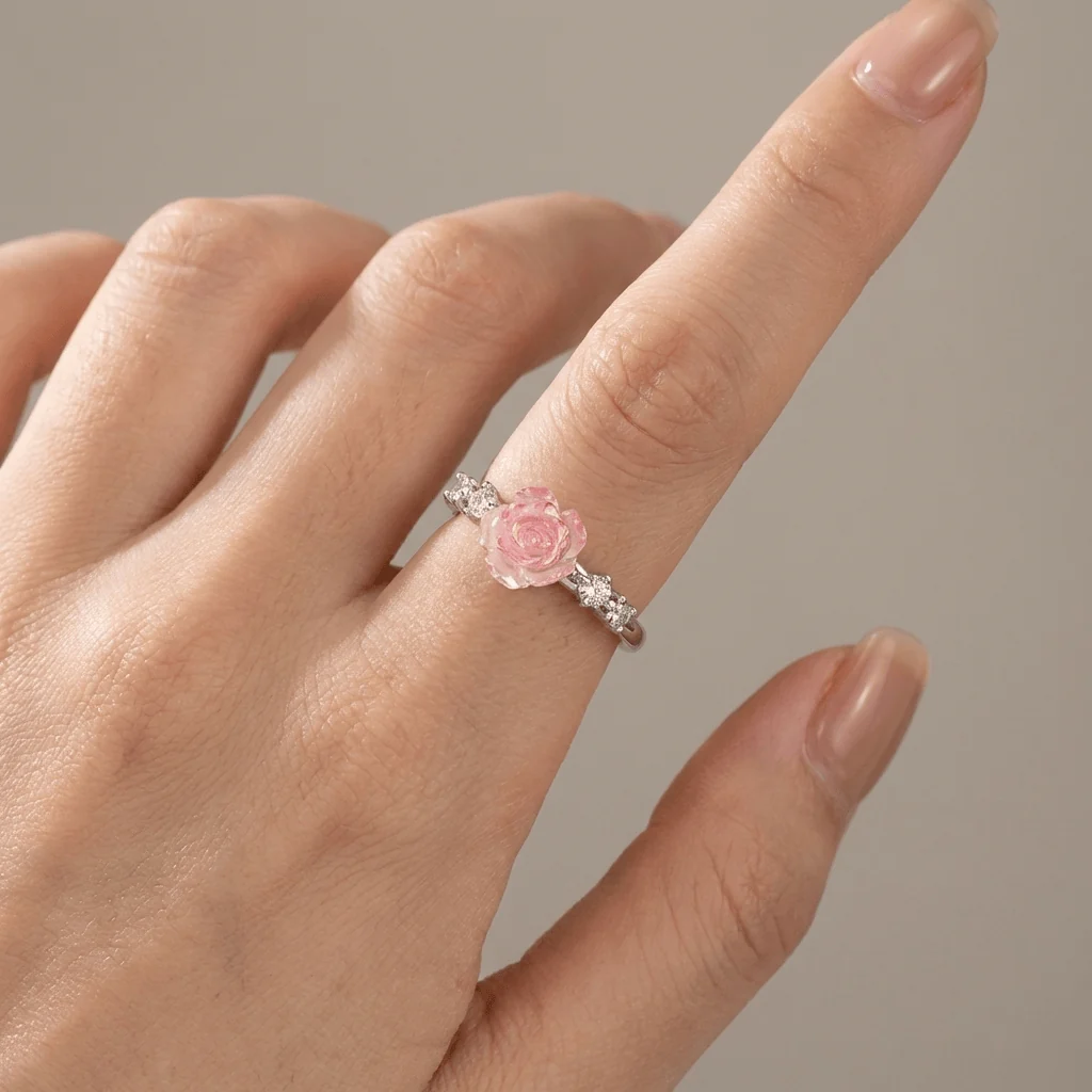 SILVER ROSE DIAMOND RING - (ADJUSTABLE) - Image 6