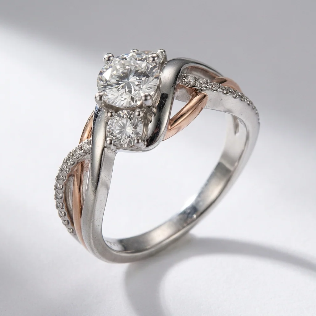 SILVER ROSE GOLD DIAMOND TWIST RING