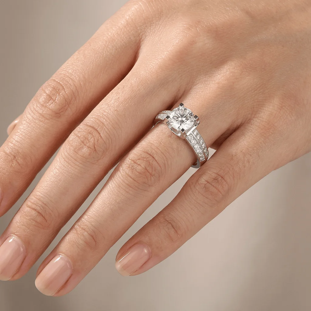 SILVER ROUND DIAMOND PAVE SOLITAIRE RING - (ADJUSTABLE) - Image 2