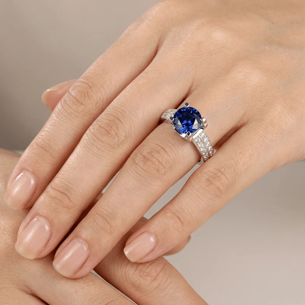 SILVER ROUND DIAMOND PAVE SOLITAIRE RING - (ADJUSTABLE) - Image 6