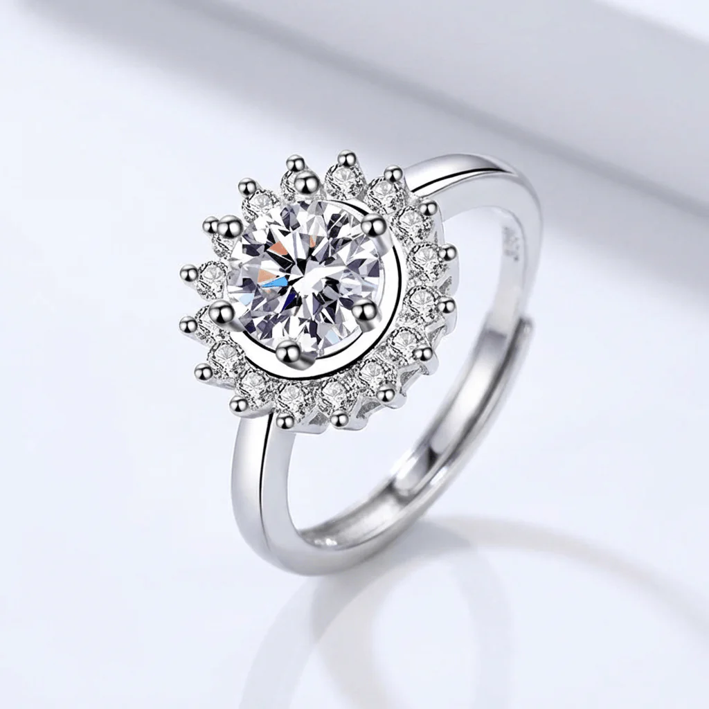 SILVER ROUND DIAMOND SUNBURST RING - (ADJUSTABLE)
