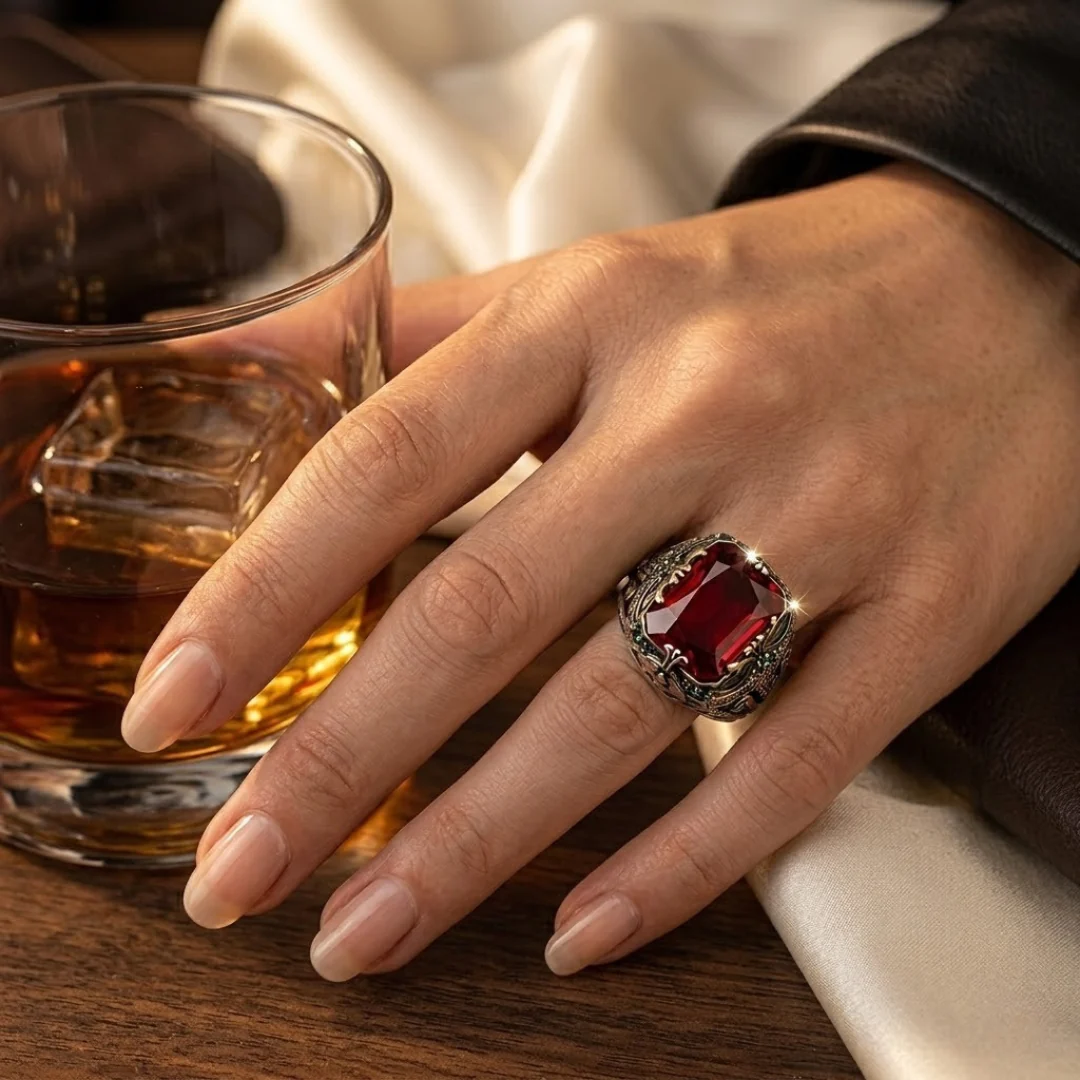 Silver Ruby Ornate Signet Ring - Image 2