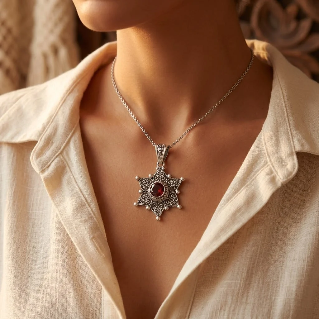 Silver Ruby Star Pendant Necklace - Image 2