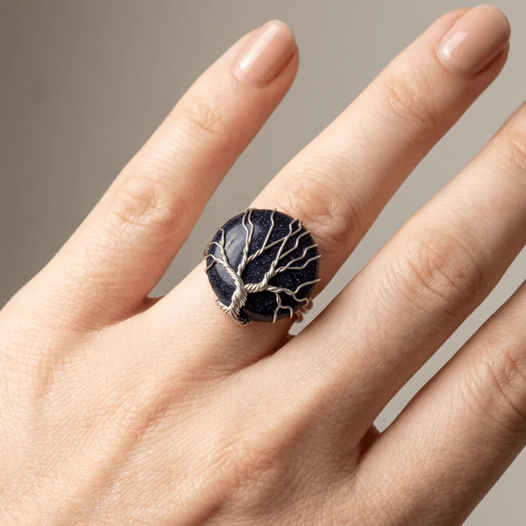 TREE OF LIFE BLUE SANDSTONE SILVER RING - (ADJUSTABLE) - Image 2