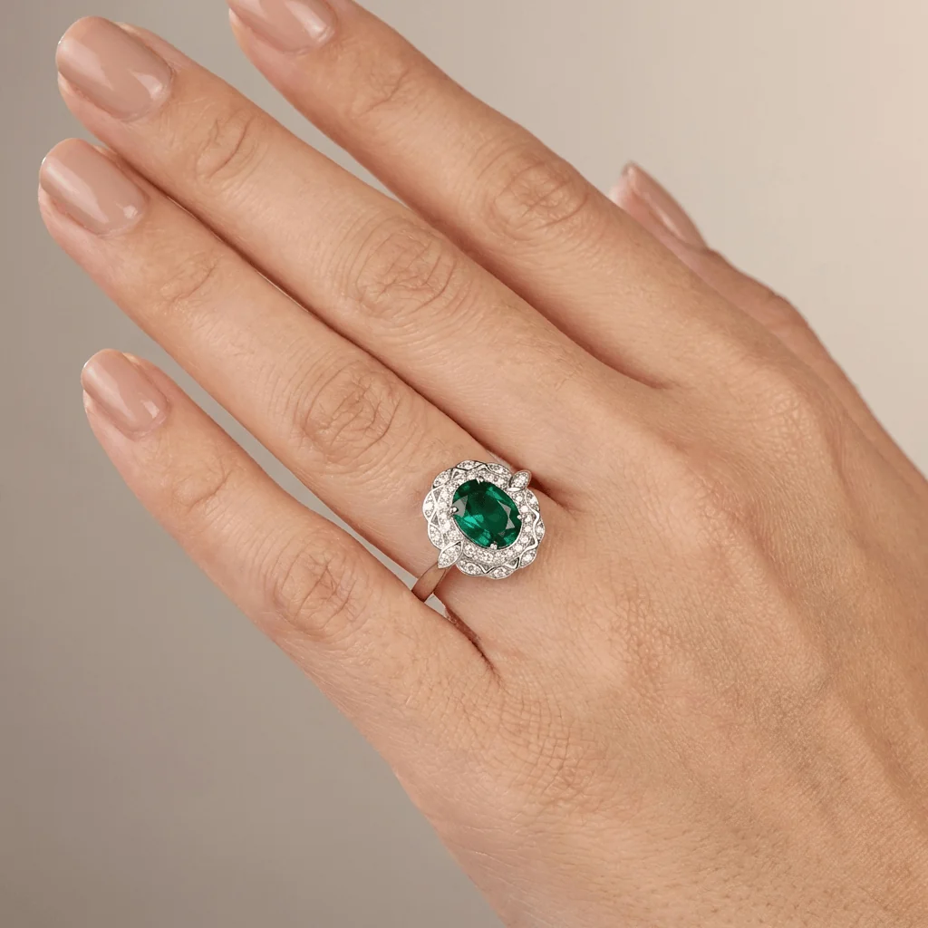VINTAGE EMERALD SILVER FLORAL RING - (ADJUSTABLE) - Image 2